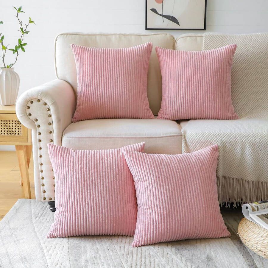 Decoratieve sierkussenhoezen van corduroy fluweel zachte kussenovertrekken voor bank slaapkamer woonkamer set van 4 stuks 45 x 45 cm roze