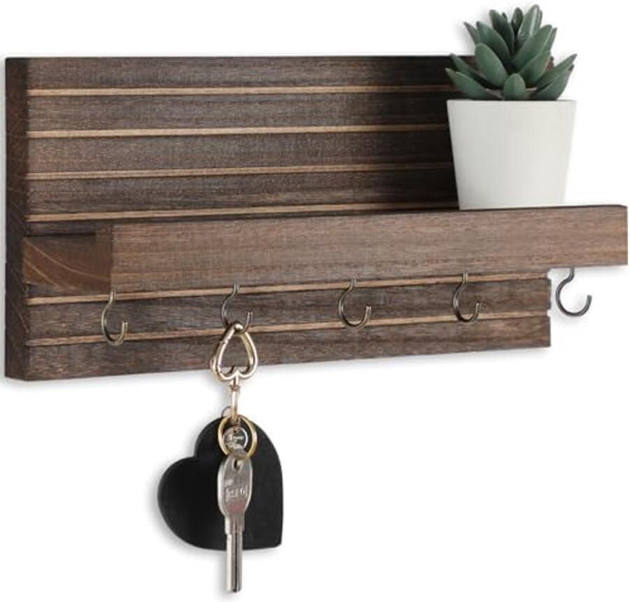 Decoratieve sleutelhouder met plank voor aan de muur – Stevige houten entreehanger met haken voor jassen riemen en accessoires