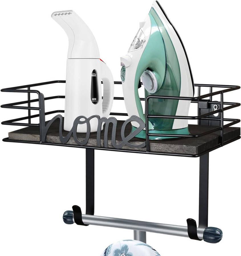 Decoratieve strijkplankhanger voor wasruimte wandmontage houder voor strijkijzer en strijkplank opbergruimte voor wasruimte met grote opbergruimte zwarte houten basismand verwijderbare haak