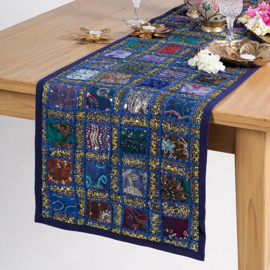 Decoratieve Tafelloper Handgeborduurd Luxe 1 stuk Donkerblauw Katoen 30x182 cm