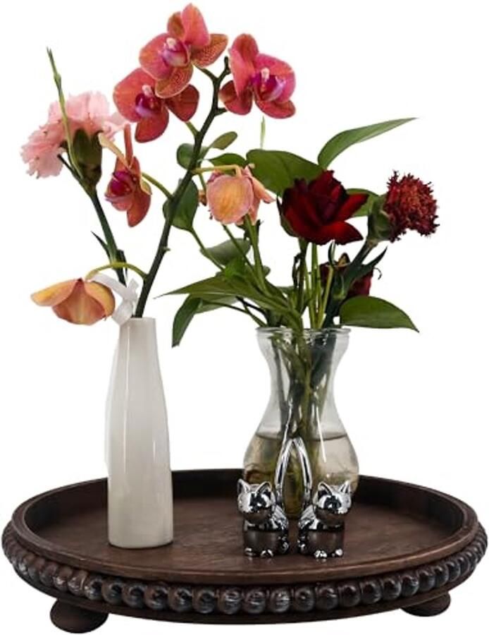 Decoratieve Tray 30 cm Rond Houten Kralen Bruine Serveerschaal voor Woonkamer Salontafel Keuken of Boerderij Decoratie