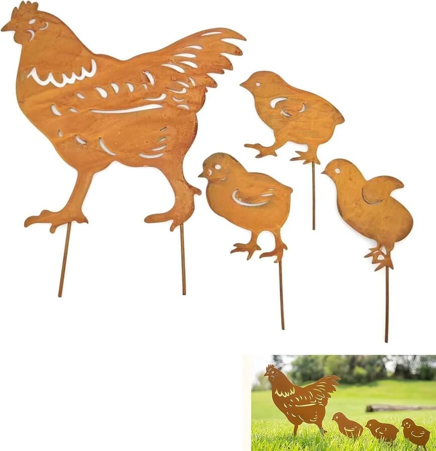 Luvetrex Decoratieve Tuinset Met Roestige Kippenfamilie Voor Unieke Tuinsfeer