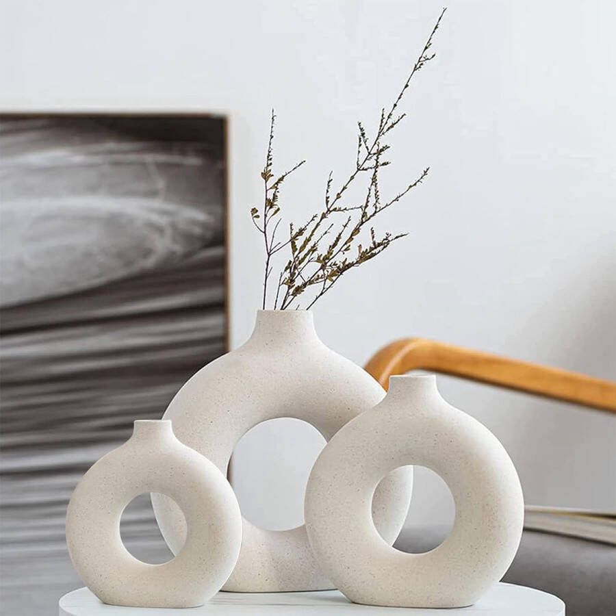 Decoratieve vazen witte donut keramische vazen set 3 vaas voor pampasgras modern Scandinavische decoratie boho beige vaas voor woonkamer hal bruiloft vensterbank tafel feest woondecoratie