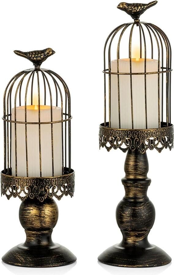 Decoratieve vogelkooi kandelaar set van 2 vintage ijzeren shabby chique kaarsenhouder- zwart- voor kerst mantel open haard woonkamer bruiloft centerpieces voor tafels