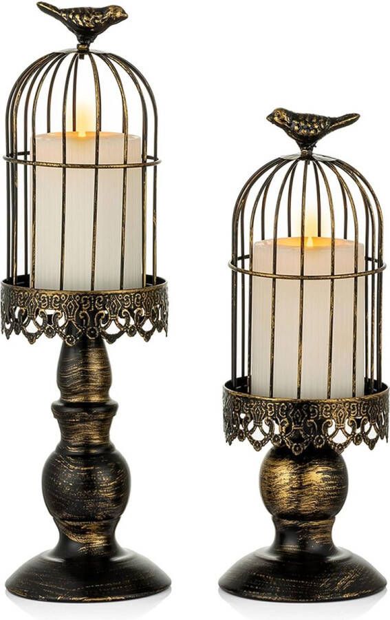 Decoratieve vogelkooi kandelaar zwarte vintage kandelaarhouders set van 2 ijzeren shabby chic pijler kaarsenhouder voor kerst mantel open haard woonkamer bruiloft centerpieces voor tafels