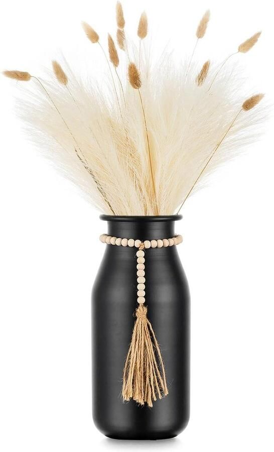 Decoratieve Zwarte Bloemenvaas 23cm Boho Vaas met Kralensnoeren voor Pampasgras Vintage Metalen Vazen voor Tafel Woondecor Matte Cilindervaas voor Kunstbloemen en Rozen