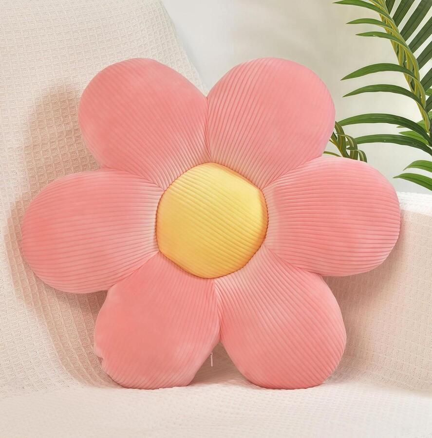 Decorative White Daisy Flower Cushion Throw Pillows Aesthetic Preppy Room Decor for Bed Couch Chair 38cm (Pink)