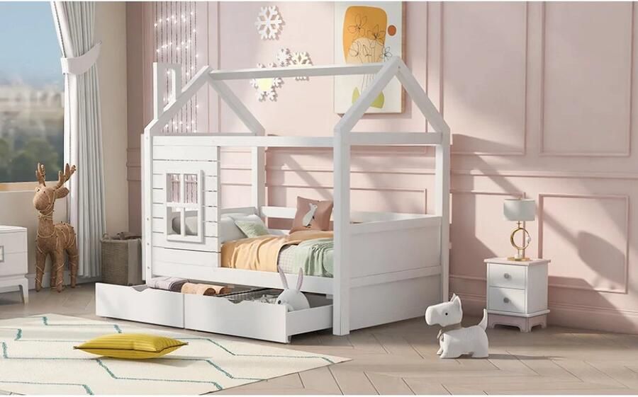 Decotopia Bed Frame Huisje Met Lades Wit 80cm x 160cm Massief Dennenhout