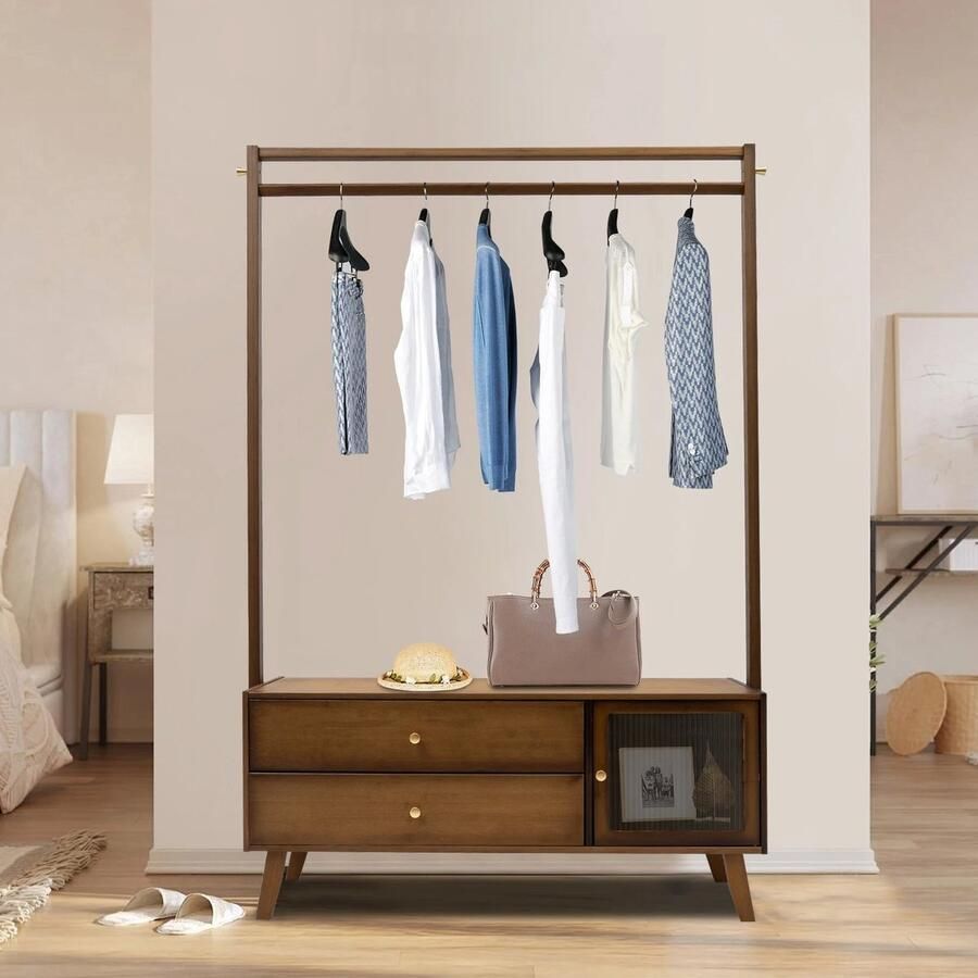 Decotopia Kapstok Garderobe Rek Met Lades Opbergvak Kledingrek Jassenhanger 105 cm Bruin