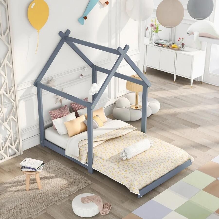Decotopia Kinderbed Uitschuifbaar Speelbed 90 x 200 cm Grijs Montessori