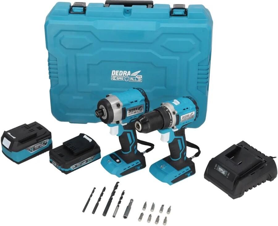DEDRA Gereedschapsset in koffer: schroevendraaier slagschroevendraaier twee accu's (2Ah en 4Ah) oplader + 13 extras