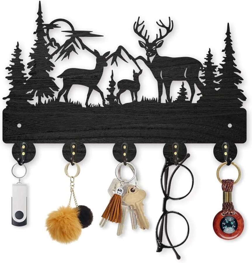 Deer Mountain Forest Kapstok Haken Wandgemonteerd 30x20cm Zelfklevend Houten Bosdier Sleutelhanger voor Muur 5 Legering Haken Zwart Wanddecoratie voor Entree Woonkamer Motorhome Cadeau