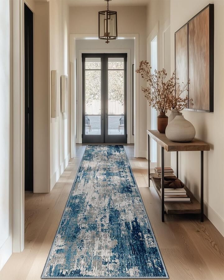 DEFYNEE Vloerkleed 60x300 cm Antislip Vloerkleed Laagpolig Wasbaar Opvouwbaar Abstract Ontwerp voor Entree Keuken Woonkamer & Kantoor Grijsblauw