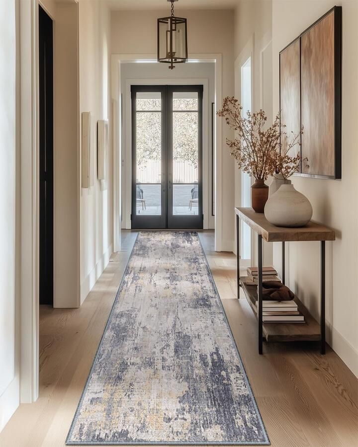 DEFYNEE loper 60x300 cm antislip loper korte pool wasbaar opvouwbaar abstract ontwerp voor entree keuken woonkamer en kantoor grijsgeel