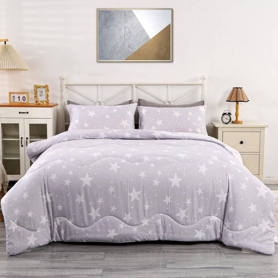 Stijlvol dekbed met sterrenprint voor tweepersoonsbed 3-delige beddengoedset in grijs en wit Omkeerbaar en inclusief 2 kussenslopen Afmetingen 200 x 200 cm