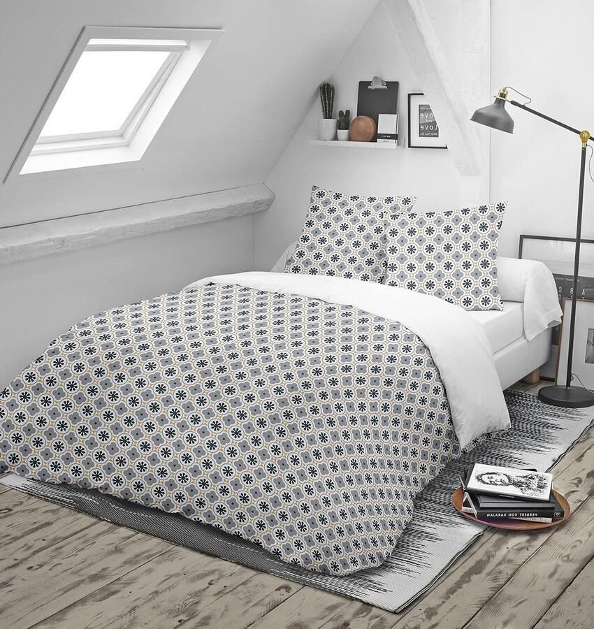 Dekbed bedrukt effen getemperd eenpersoonsbed milieuvriendelijk onderhoudsvriendelijk gemaakt in Frankrijk wit grijs 140 x 200 cm