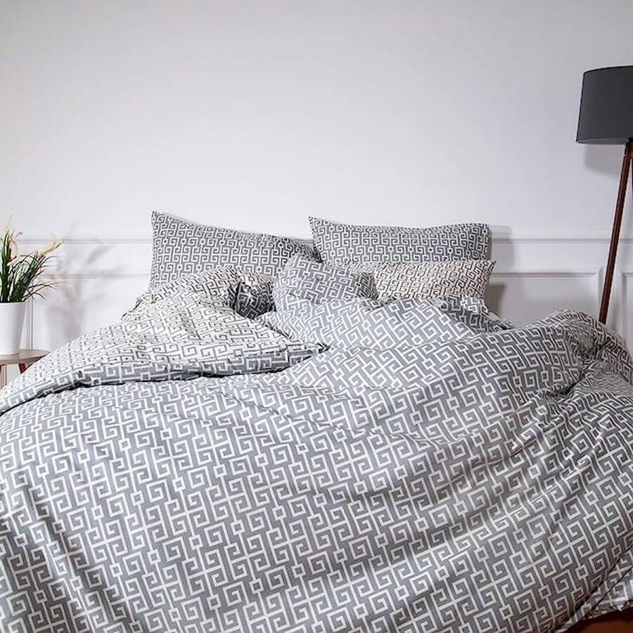 Dekbedovertrek Beddengoed Set Geometrische Omkeerbare Grijze Griekse Sleutel Patroon% 100 Katoen Luxe Dekbedovertrek Bed Set (240x220 + 2(65x65) Classy Grey)