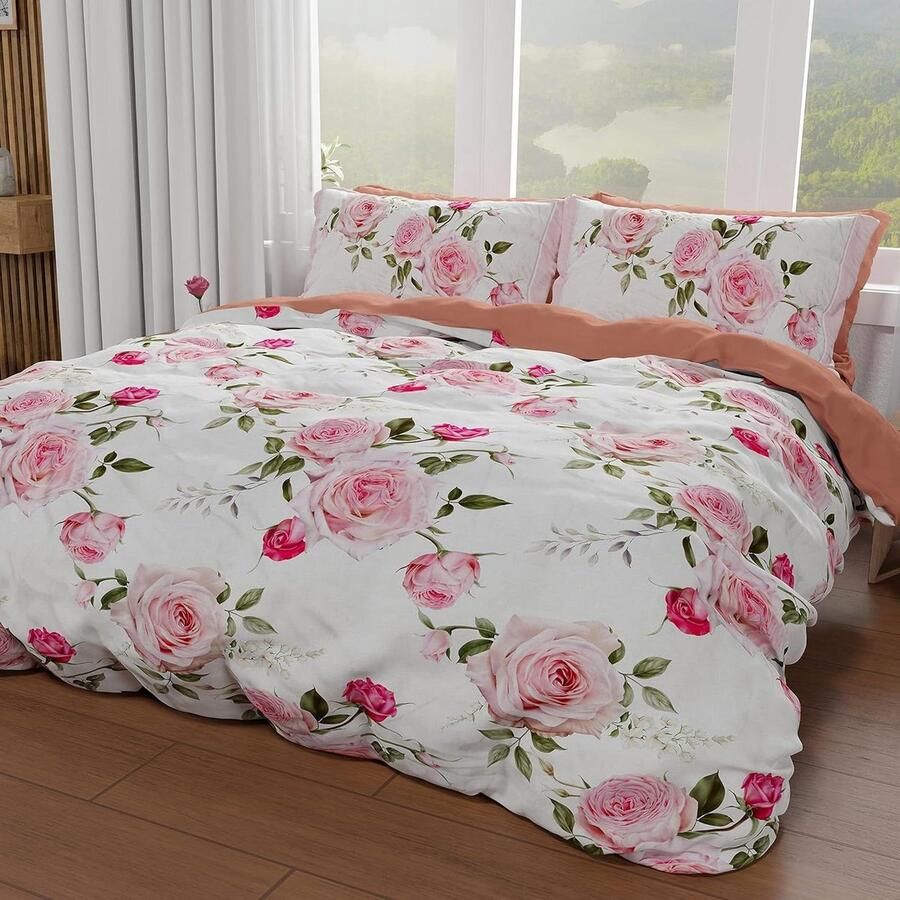 Dekbedovertrek eenpersoonsbed 160 x 200 cm microvezel digitale print kussensloop bloemen 20 wit Made in Italy dekbedovertrek 160x200