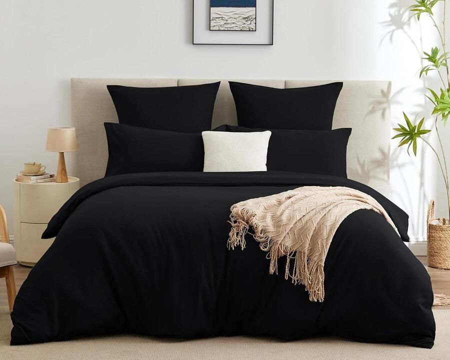 Dekbedovertrekset 200 x 200 cm tweepersoonsbed 140 x 190 cm zwart met ritssluiting microvezel 2 kussenslopen 65 x 65 cm dekbedovertrek 160x200