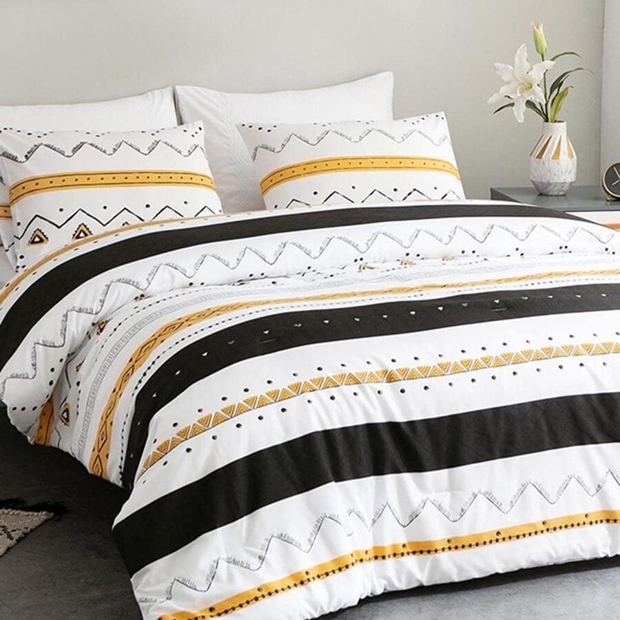 Dekbedovertrekset 240x220cm voor Tweepersoonsbed 3-delige Microfiber Set met Bohemian Motief in Geel en Wit