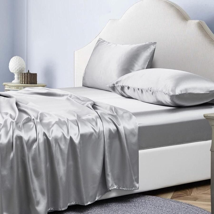 Dekbedset satijn effen eenpersoons 100 x 190 x 36 cm lichtgrijs inclusief hoeslaken en kussensloop