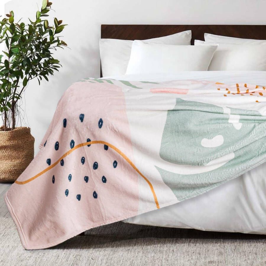 Deken 127 x 152 cm superzachte en warme flanellen fleece deken Boheemse kreukbestendige winterdeken bankdeken voor bank bed slaapkamer woonkamer kantoor bladeren