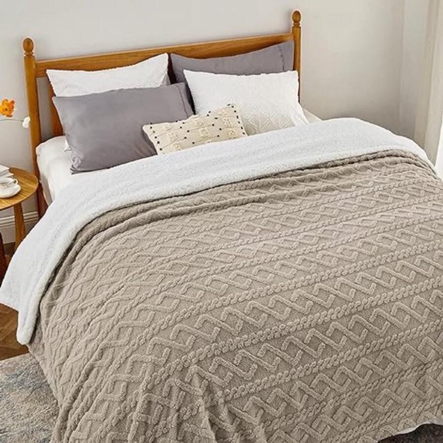 Deken 220 x 240 cm voor bank woondeken gebreide deken groot bankdeken dubbel gezicht extra zacht knuffeldeken wollig XXL woonkamer wollen deken taupe bankdeken