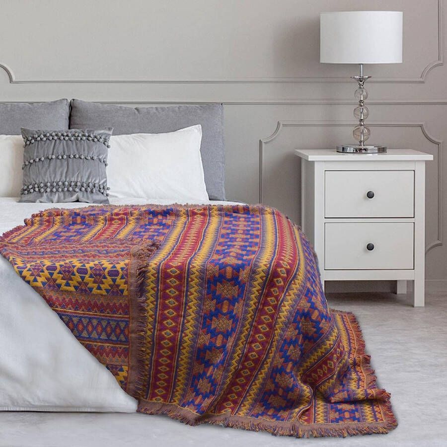 Deken boho-stijl woondeken sprei 130 x 180 cm 100% handgeweven katoen dubbelzijdig gebreid kwastjes woondeken sofadeken vintage Indiase decoratie voor kamer bank bed stoel - Foto 1