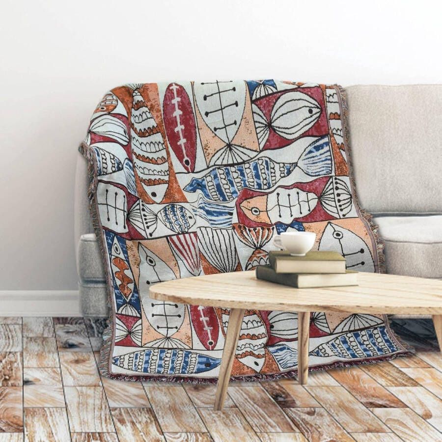 Deken boho-stijl woondeken sprei 130 x 180 cm 100% handgeweven katoen dubbelzijdig gebreid kwastjes woondeken sofadeken vintage Indiase decoratie voor kamer bank bed stoel