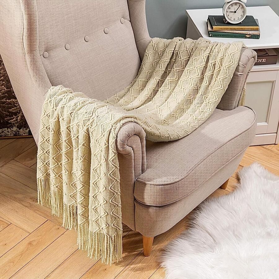 Deken diamant fleece deken zacht pluizig effen woondeken bankdeken deken voor bed bank slaapkamer kantoor 125 x 150 cm beige