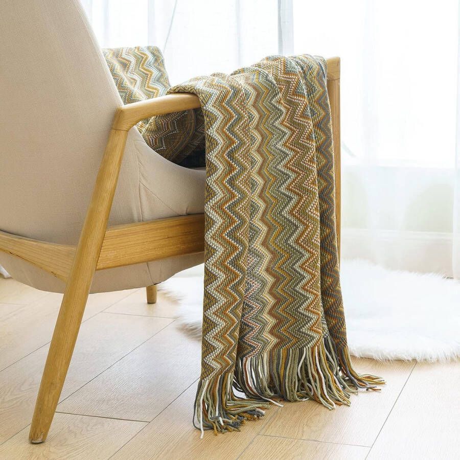 Deken gebreide boho-deken zacht wollig fleecedeken kwastje effen bankdeken woondeken deken voor bank stoel slaapkamer kantoor bed 125 x 150 cm kaki