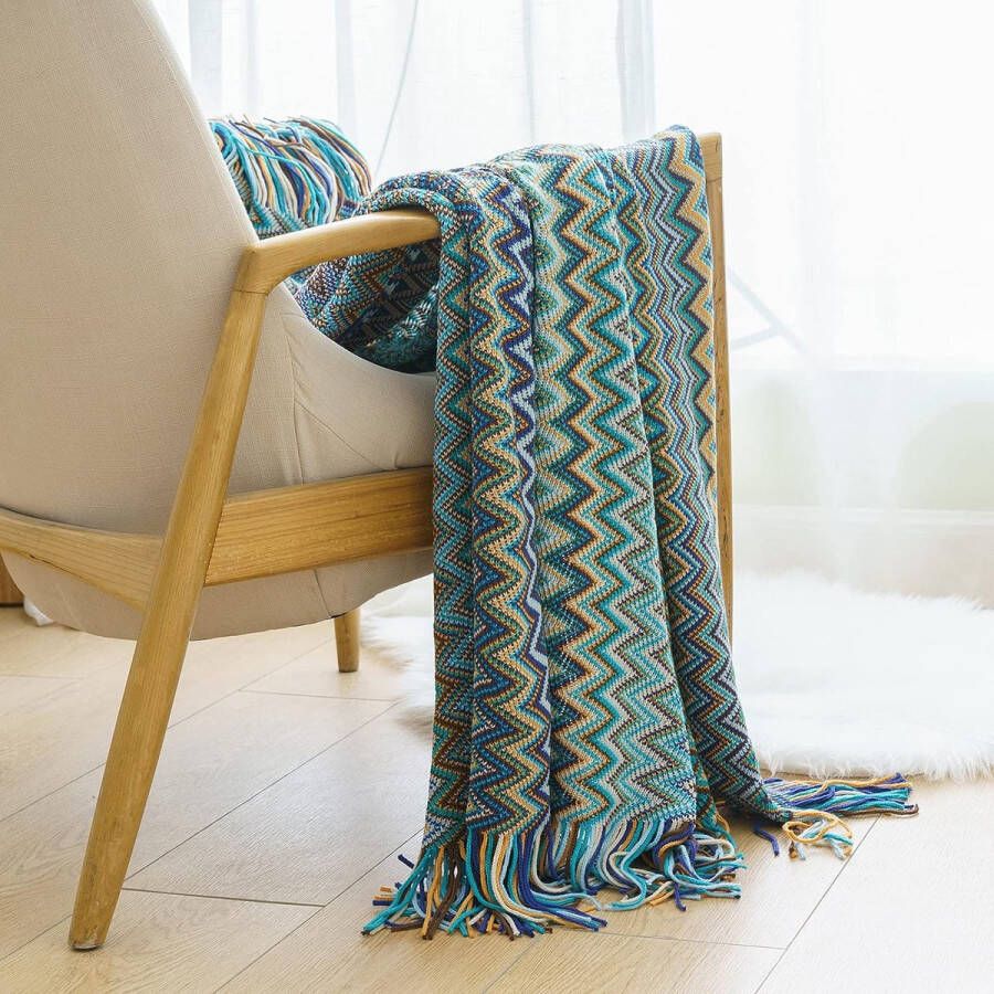Deken gebreide boho-deken zacht wollig fleecedeken kwastje effen bankdeken woondeken voor bank stoel slaapkamer kantoor bed 125 x 150 cm blauw