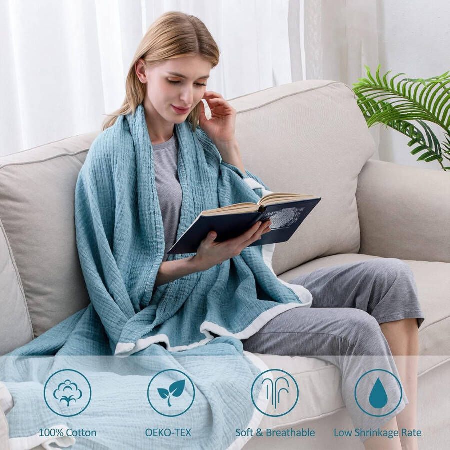 Deken katoenen deken 4-laagse zachte knuffeldeken voor bank sprei lichte comfortabele katoenen mousselinedeken voor het hele seizoen sofadeken sofasprei lichtblauw 150 x 200 cm