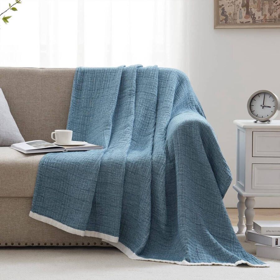 Deken katoenen deken sprei met 4-laagse zachte knuffeldeken mousseline deken katoenen deken 100% perfecte woondecoratie bed bank alle seizoenen deken pauwblauw 200 x 230 cm