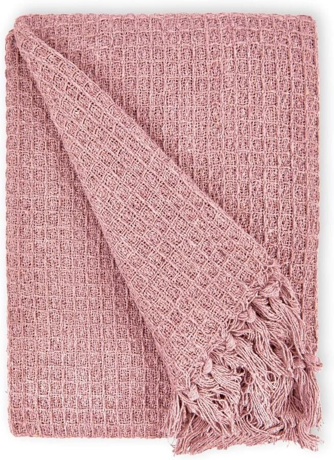 Deken Knuffeldeken Geruite deken- Zacht deken Effen wafelstructuur gerecyclede katoenen deken Geschikt voor stoelen banken en banken Roze 170*130cm