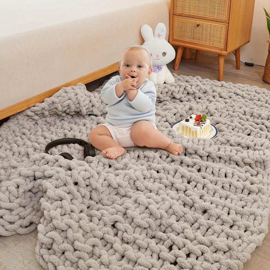 Deken luxe 100% handgebreid zacht en gezellig slaapbank stoel verzwaarde dikke geweven deken 101 x 127 cm lichtgrijs (lichtgrijs)