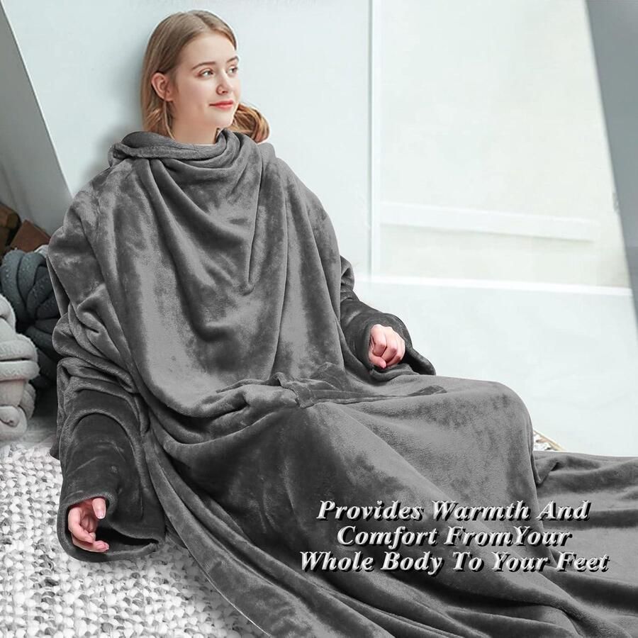 Deken met mouwen en zakken 170 x 200 cm knuffeldeken draagbaar warme leesdeken bank woonkamer televisie kijken voor dames en heren