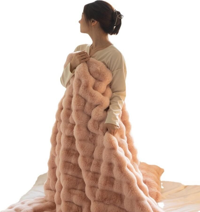 Deken Nap Blanket Bubble Fleece Blanket 51''x63'' Pluizig en warm Bontdeken Dubbelzijdig verdikt Geschikt voor banken kantoren en slaapkamers Zachte pluche decoratieve deken 130×160cm Roze