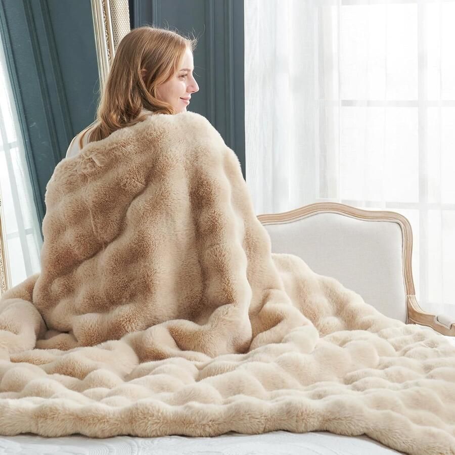Deken Nap Blanket Bubble Fleece Blanket 51''x63'' Pluizig en warm Bontdeken Dubbelzijdige verdikking Bankdeken Geschikt voor banken kantoren en slaapkamers Zachte pluche decoratieve deken 130×160cm Beige