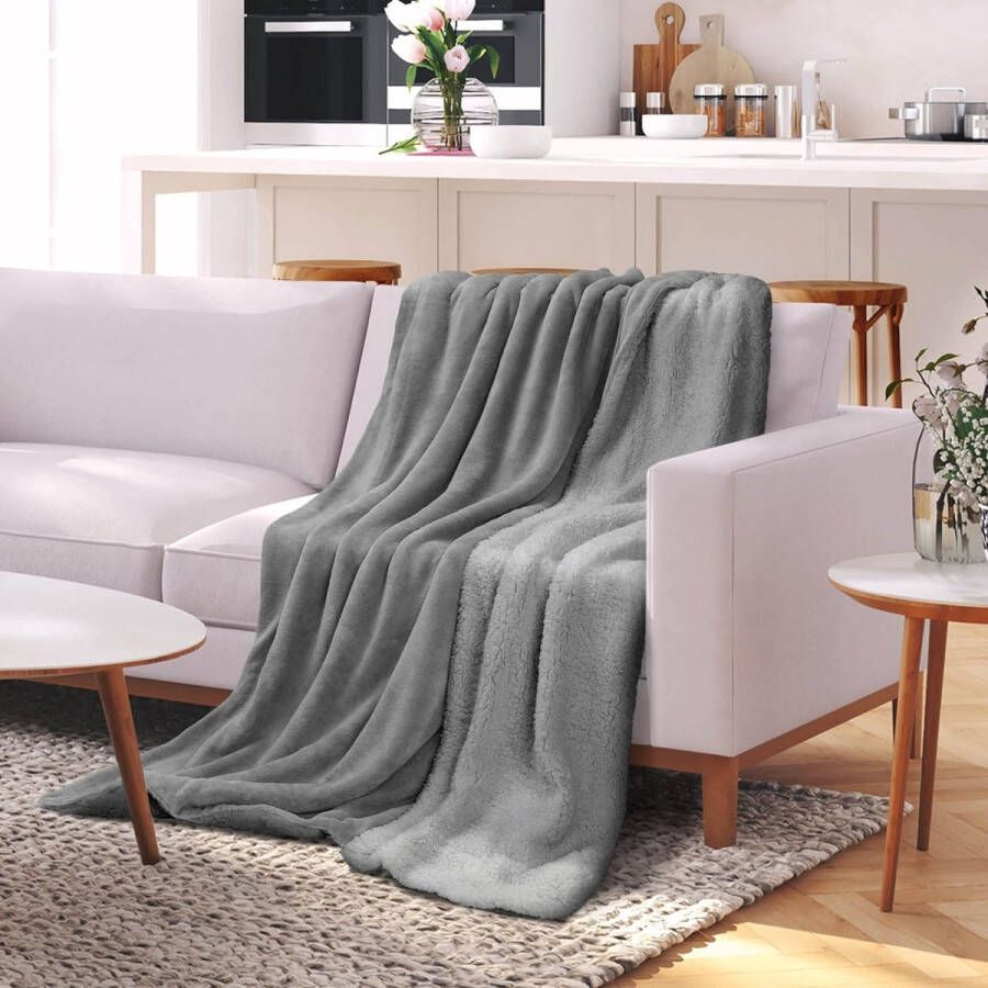 Deken Plaid 150x200cm XL Sofa Deken Lichtgrijs Lichtgrijs Dik Winter Deken Fluffy Plaid Bank Deken Fleece Plaid Warm Deken met Schapenvacht Uitstraling