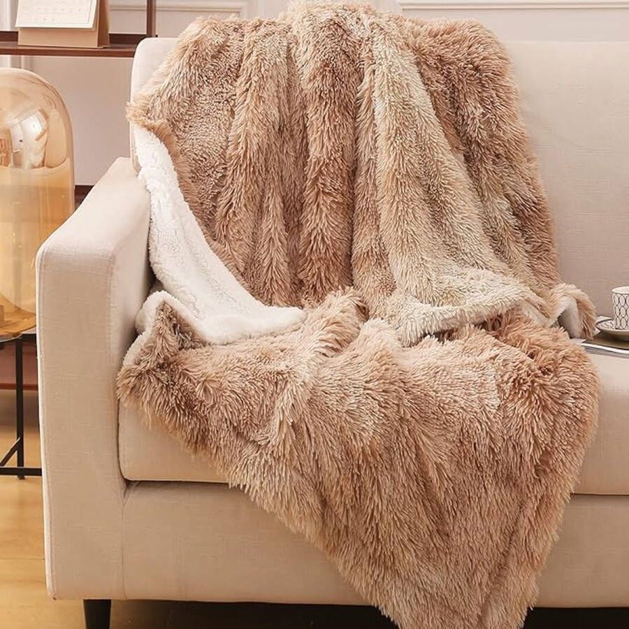 Deken van imitatiebont wollige plaid super zacht dik en elegant langharig warme knusse omkeerbare donzige deken voor bank en bed (bruin ca. 130 x 150 cm)
