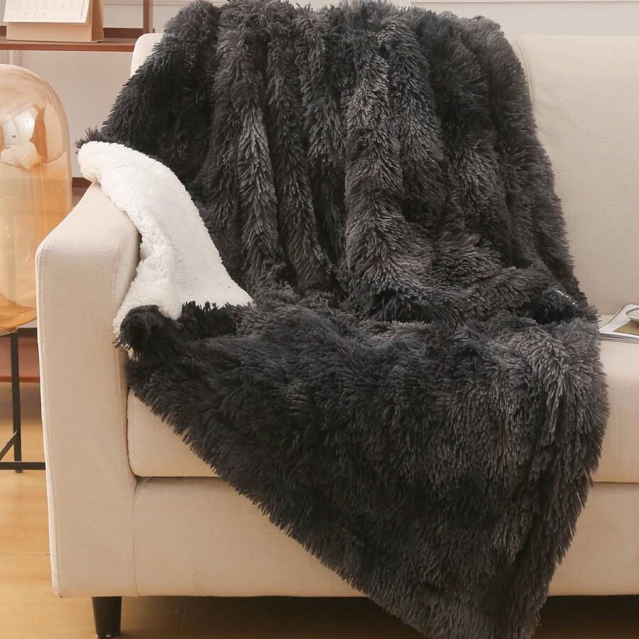 Deken van imitatiebont wollige plaid super zacht dik en elegant langharig warme knusse omkeerbare donzige deken voor bank en bed (donkergrijs ca. 130 x 150 cm)