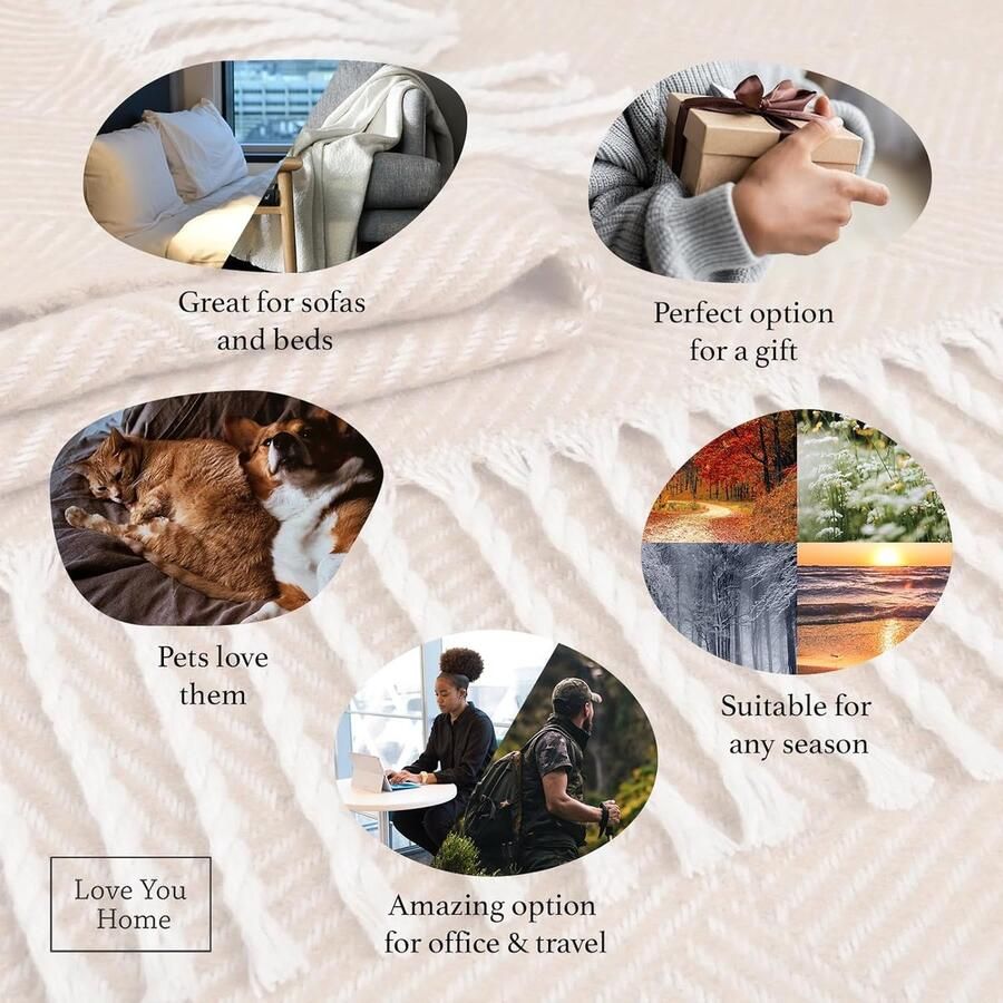 Deken van Katoen Plaid voor op de Bank Sofa & Bed met Franjes Zomer Winter en Lente Dekens Zacht Knuffeldeken Groot (140 x 200 cm Beige met Wit Gestreepte Vierkanten) - Foto 2