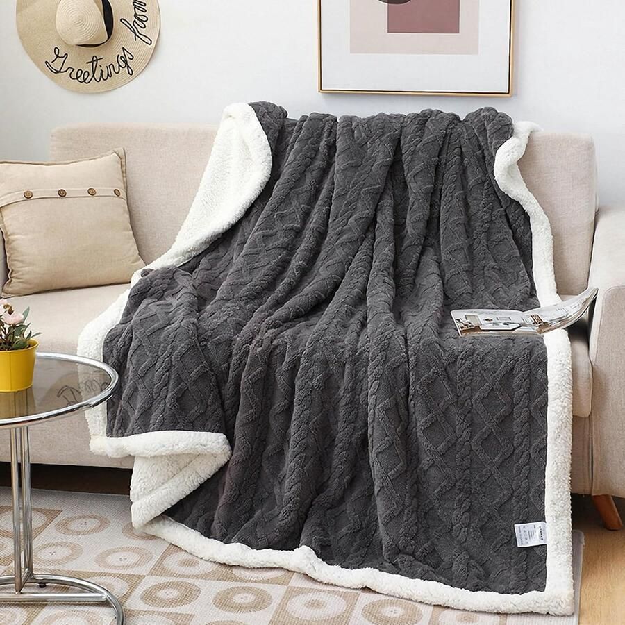 Deken voor de bank knuffeldeken hazeblauw 150 x 200 cm warme Sherpa bankovertrek deken dikke bankdeken wollige woondeken voor bank winterdeken - Foto 2