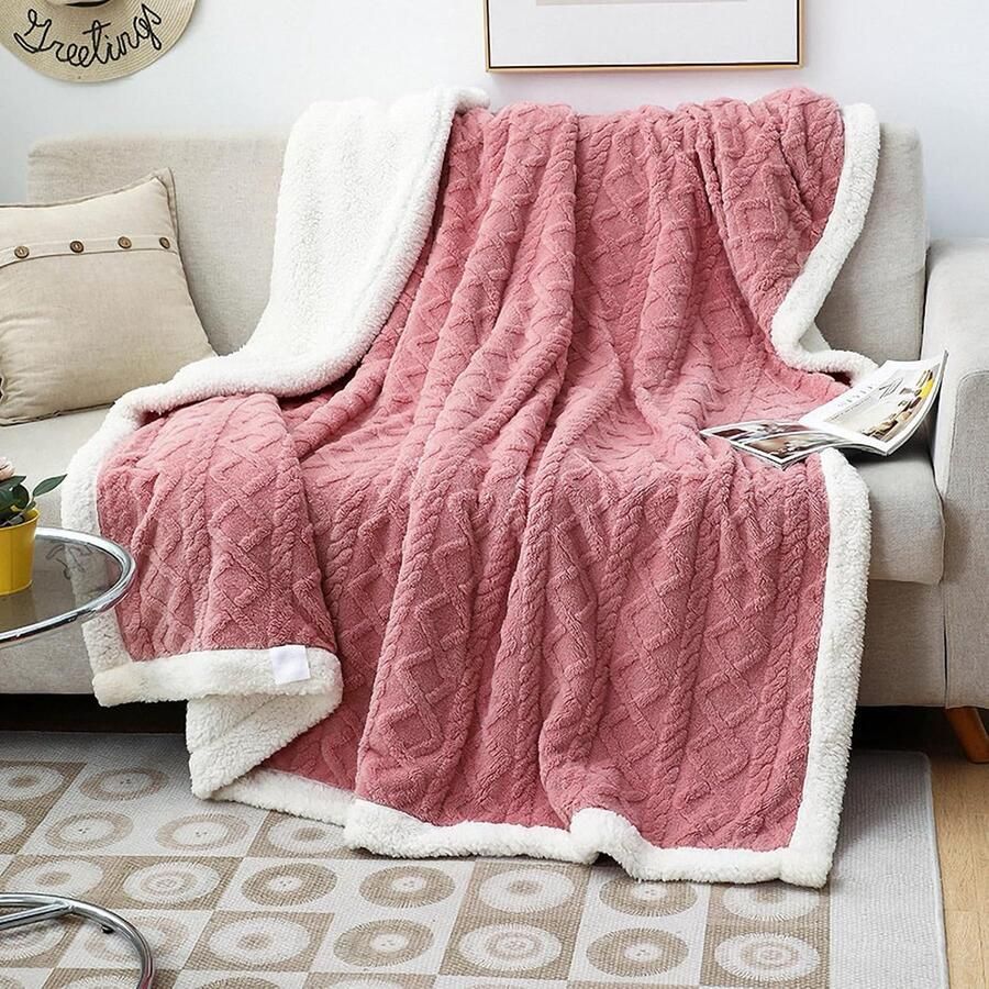 Deken voor de bank knuffeldeken roze 120 x 200 cm warme Sherpa bankovertrek deken dikke bankdeken wollige woondeken voor bank gezellige deken roze
