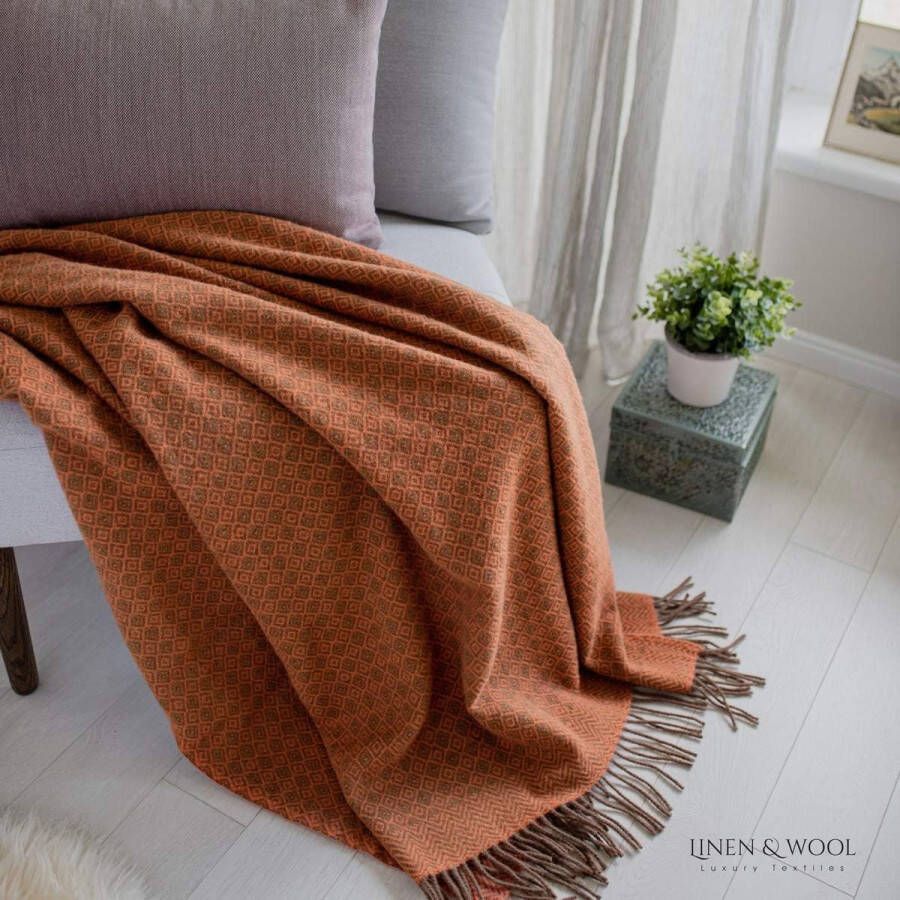 Deken wollen deken woondeken knuffeldeken Parijs met ruitpatroon 100% pure Nieuw-Zeeland wol bruin koraal roze (140 x 200 cm) sprei sofadeken plaid bank lamswol