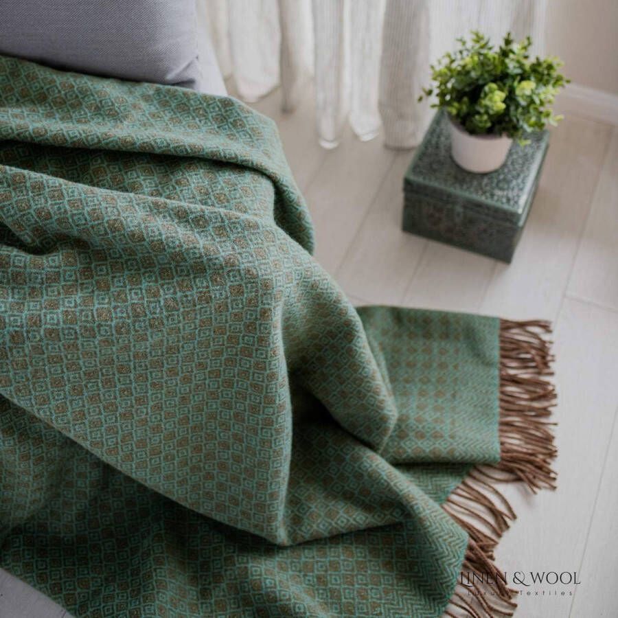 Deken wollen deken woondeken knuffeldeken Parijs met ruitpatroon 100% pure Nieuw-Zeelandse wol bruin aquablauw turquoise (140 x 200 cm) sprei bankdeken plaid deken bank bed