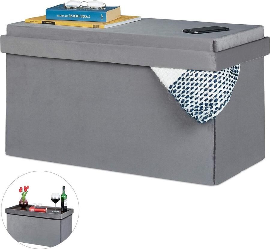 Dekenkist Opbergbank Velvet Dienblad Deksel Vouwbaar Gepolsterde Hocker Fluweel Zitbank HBD 42x76x38cm Grijs Dekenkist
