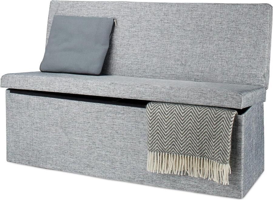 Opvouwbare opbergbank XL met leuning en deksel van linnen HBD 73 x 114 x 38 cm stabiel grijs ruime opbergruimte