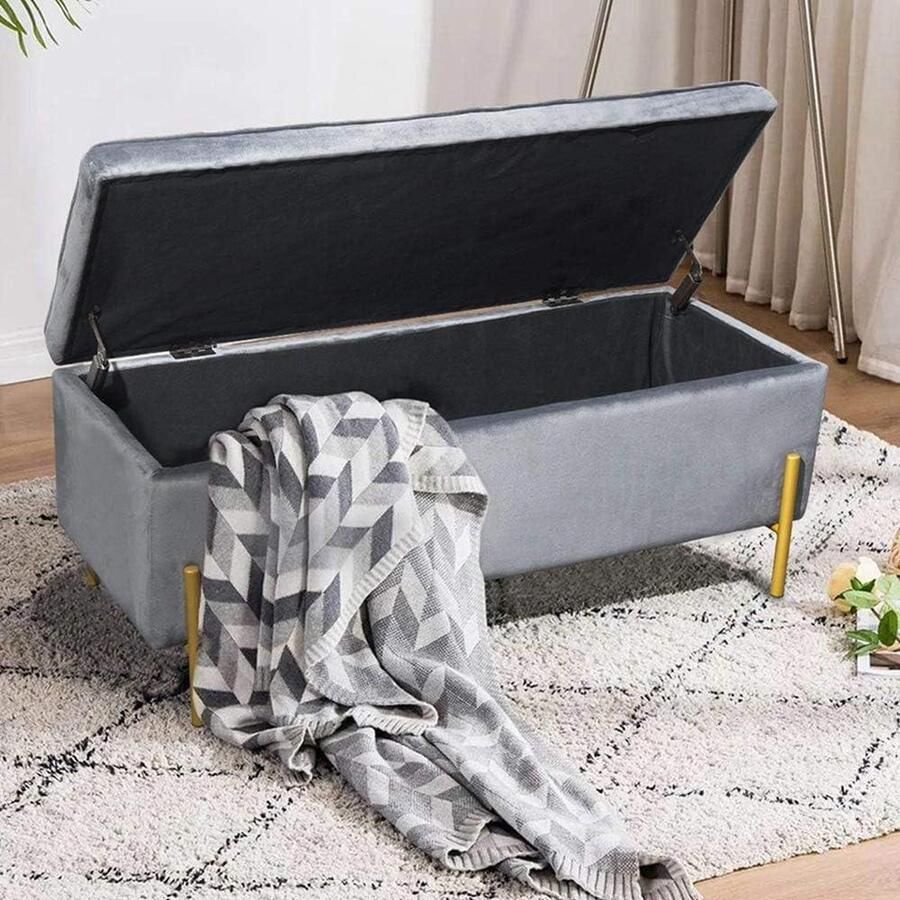 Dekenkist Opbergdoos houten frame fluwelen bekleding gouden poten grijs Dekenkist